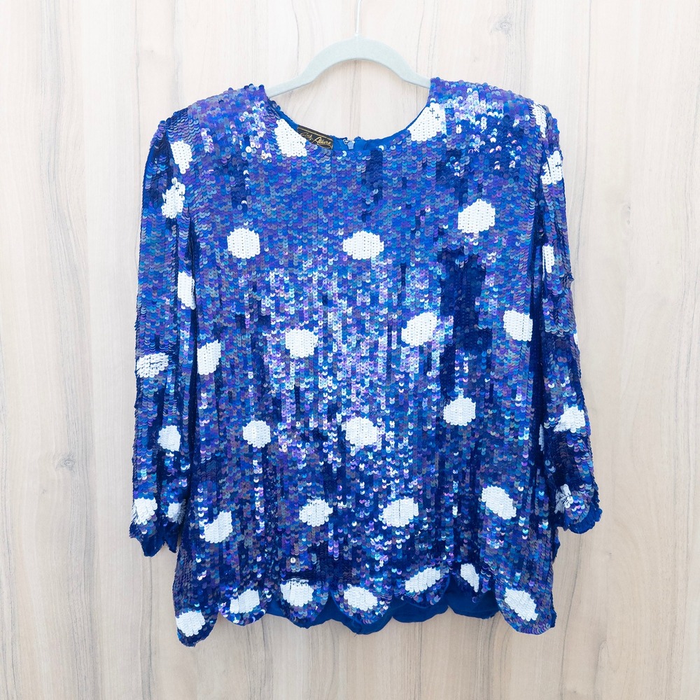 VTG Eves Allure Silk Sequin Beaded Long Sleeve Top Size XL Polka Dot Retro Glam‎